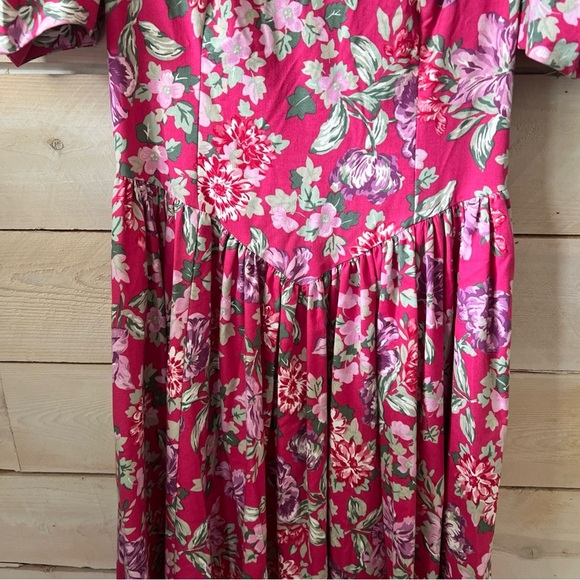 VTG Laura Ashley Floral Midi Dress Cottagecore Sz 10 Pink Puff Sleeves Low Back - Picture 4 of 8
